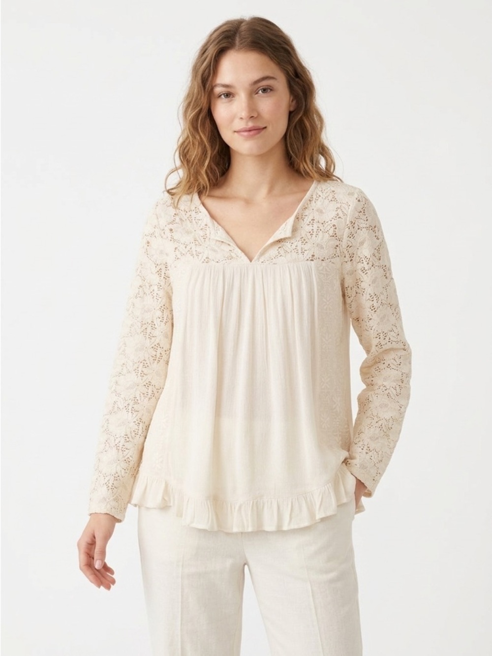 Sundance Peasant Blouse Floral Lace Ruffle Hem Rayon Cream Medium